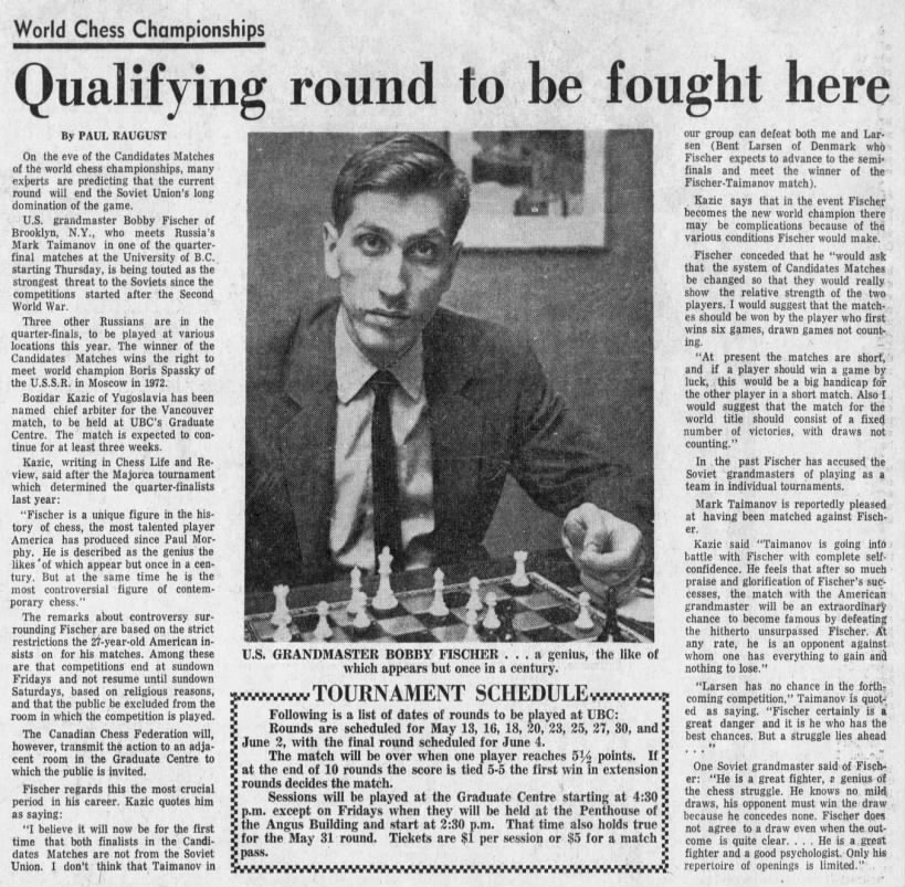World Chess Championships - Qualifying Round To Be Fought Here by Paul Raugust