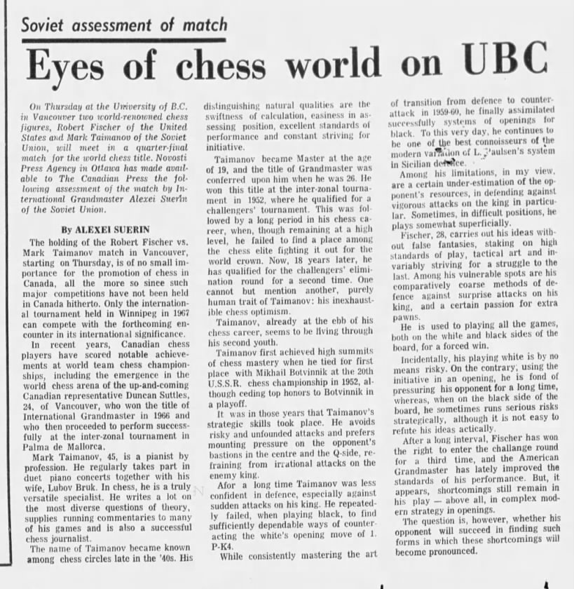 Soviet Assessment of Match - Eyes of Chess World on UBC