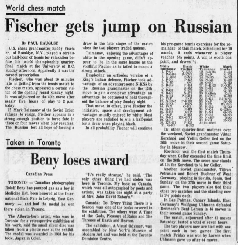 World Chess Match - Fischer Gets Jump on Russian