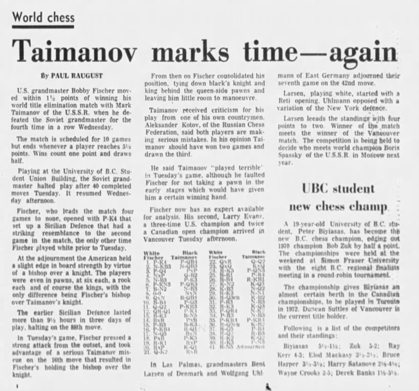 World Chess - Taimanov Marks Time -- Again