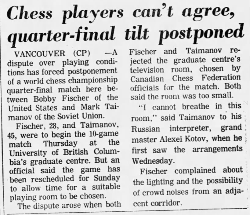 Chess Players Can't Agree, Quarter-Final Tilt Postponed