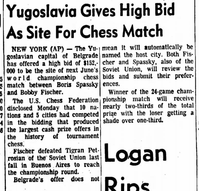 Yugoslavia Gives High Bid As Site For Chess Match