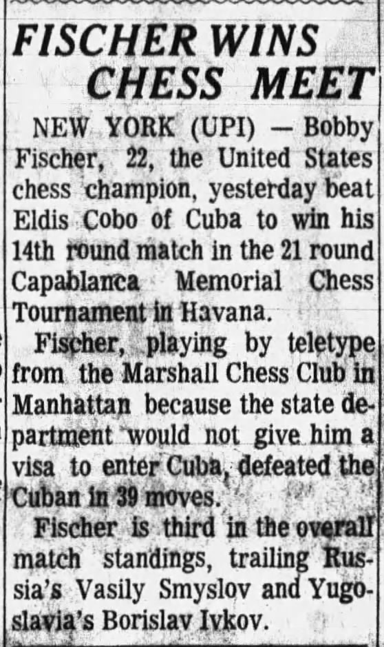 Fischer Wins Chess Meet