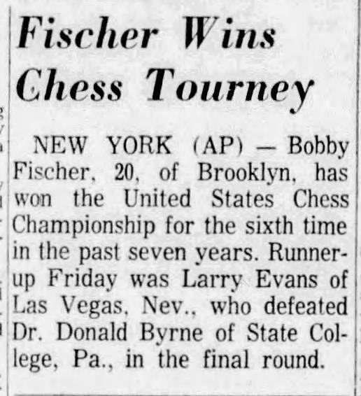 Fischer Wins Chess Tourney