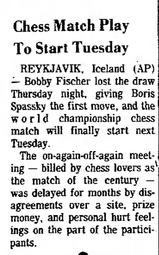 Chess Match Play To Start Tuesday