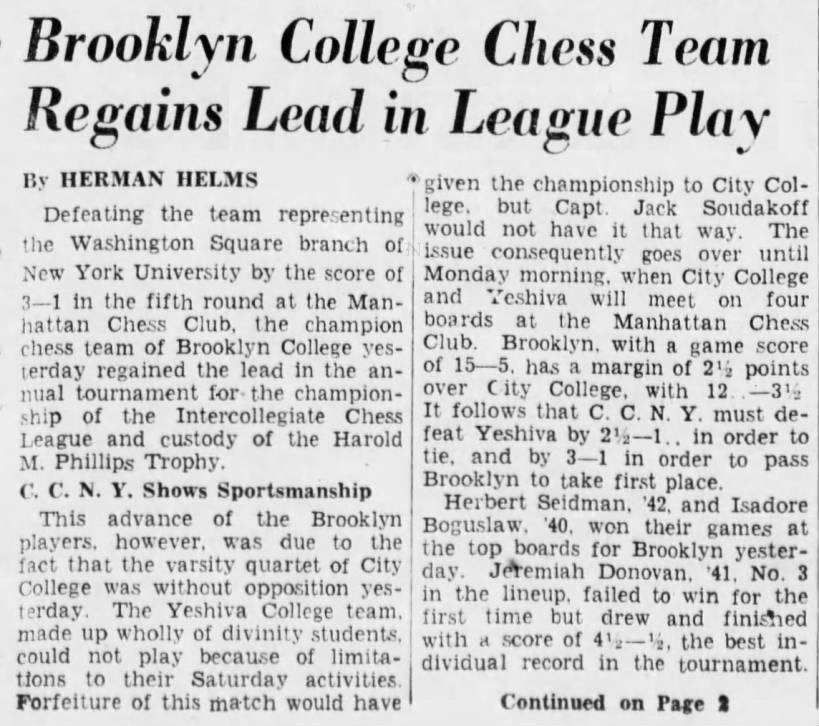 Brooklyn College Chess Team Regains Lead in League Play by Herman Helms