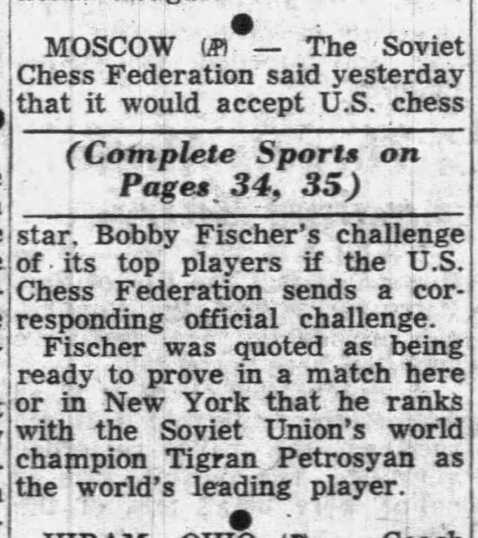 Soviet Chess Federation Will Accept U.S. Chess Star Challenge