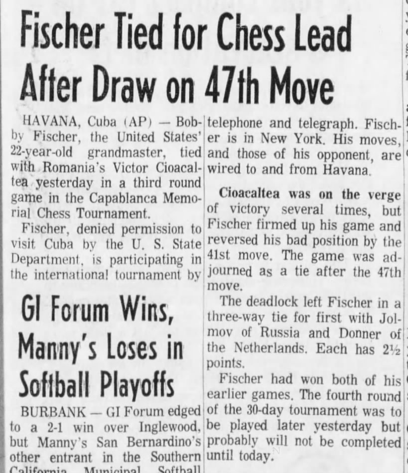 Fischer Tied for Chess Lead After Draw on 47th Move