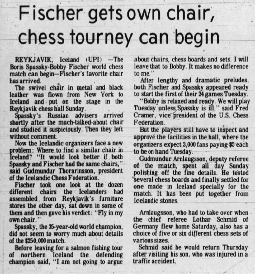 Fischer Gets Own Chair, Chess Tourney Can Begin