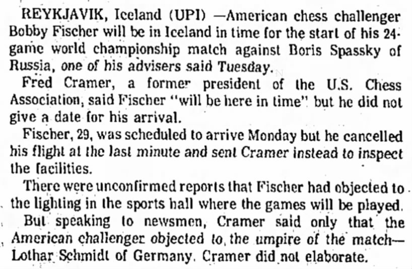 Bobby Fischer Will Be in Iceland