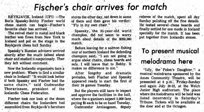 Fischer's Chair Arrives for Match