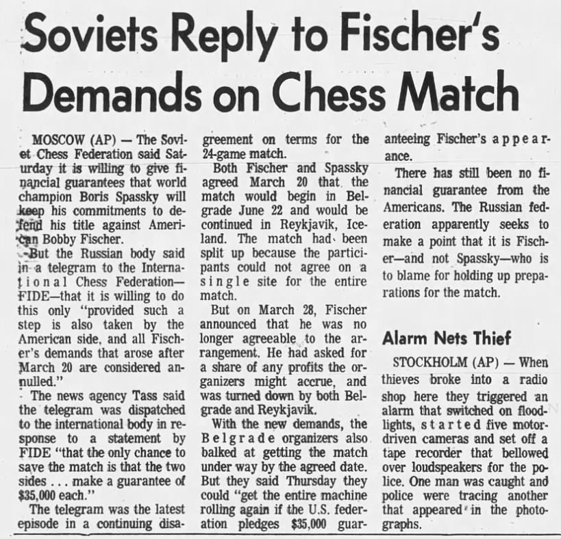 Soviets Reply to Fischer's Demands on Chess Match