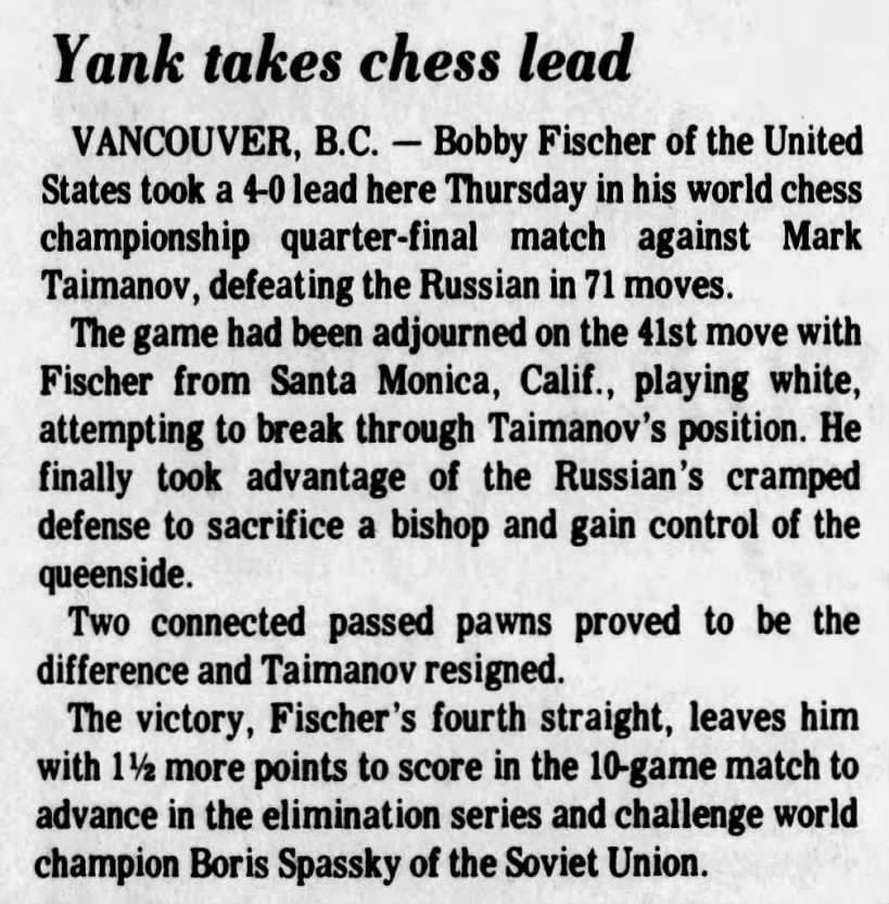 Yank Takes Chess Lead