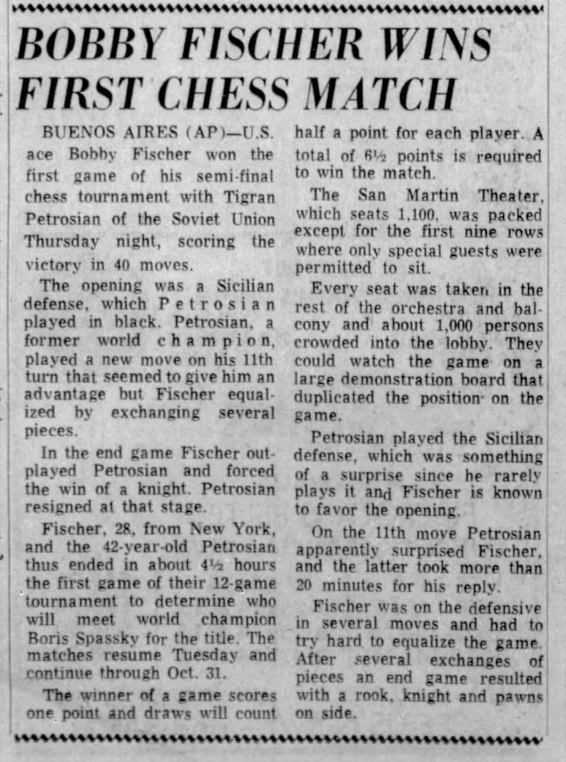 Bobby Fischer Wins First Chess Match