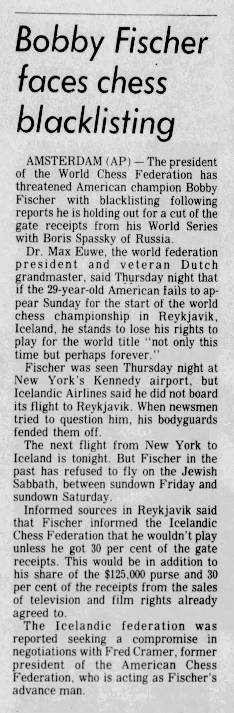 Bobby Fischer Faces Chess Blacklisting