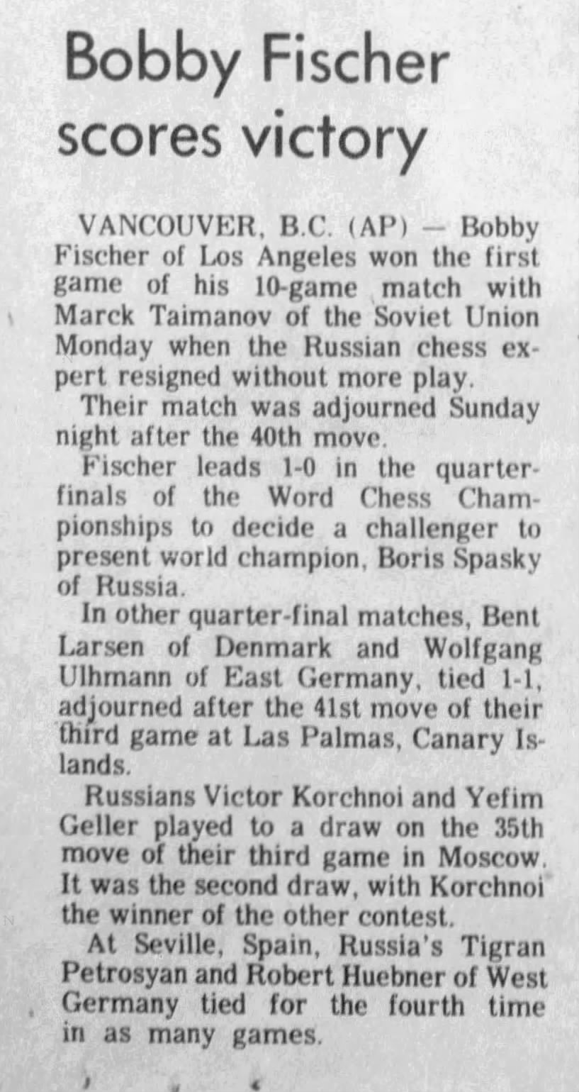 Bobby Fischer Scores Victory