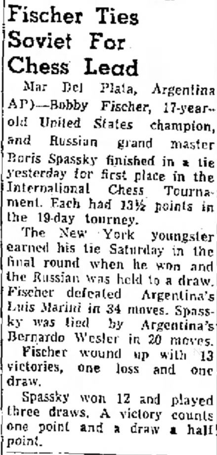 Fischer Ties Soviet For Chess Lead