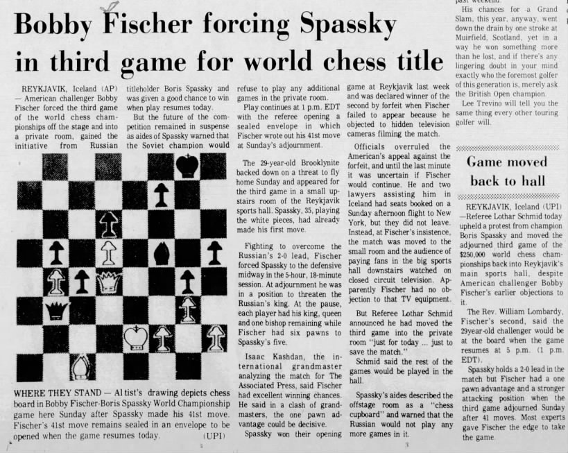 Bobby Fischer Forced by Disruptive Camera Men and Organizers to Play in Backstage Room