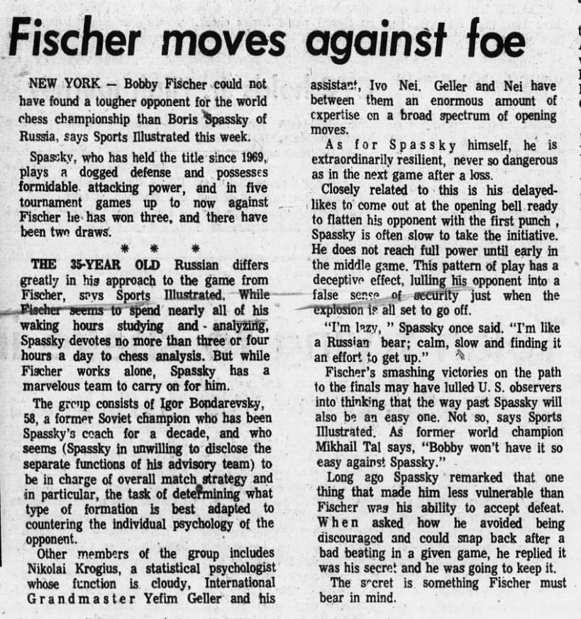 Fischer Moves Against Foe