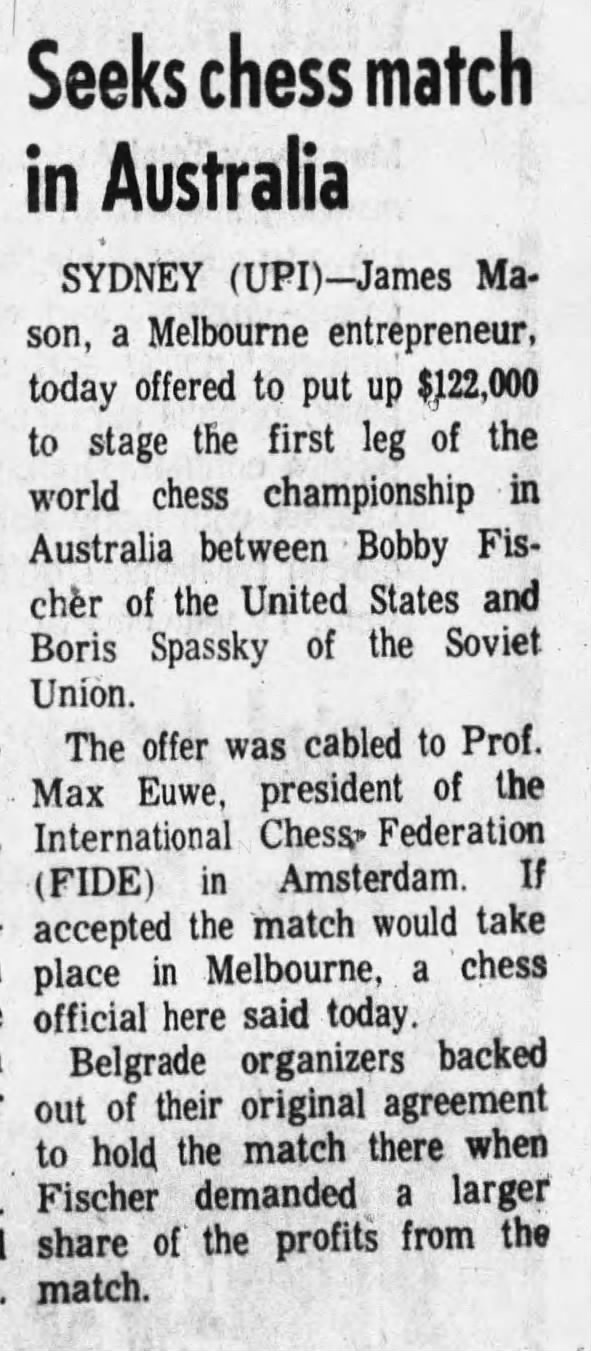 Seeks Chess Match in Australia