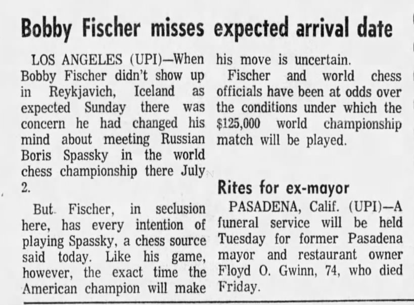 Bobby Fischer Misses Expected Arrival Date