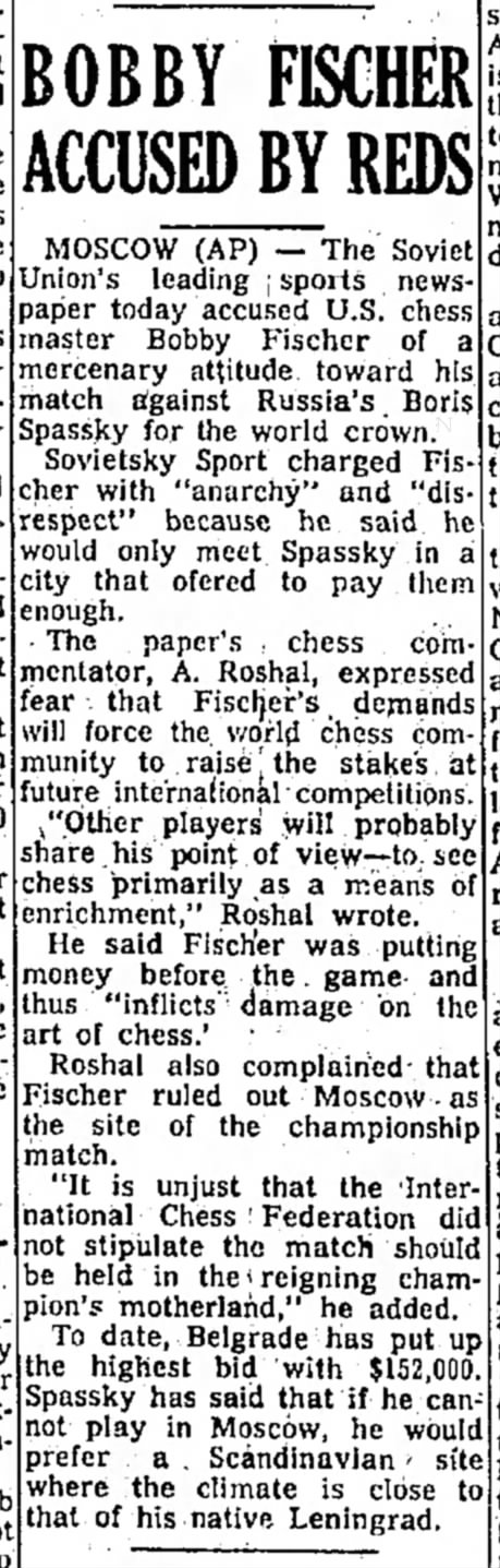 Bobby Fischer Accused by Reds