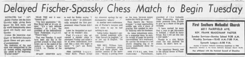 Delayed Fischer-Spassky Chess Match to Begin Tuesday