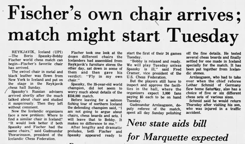 Fischer's Own Chair Arrives; Match Might Start Tuesday