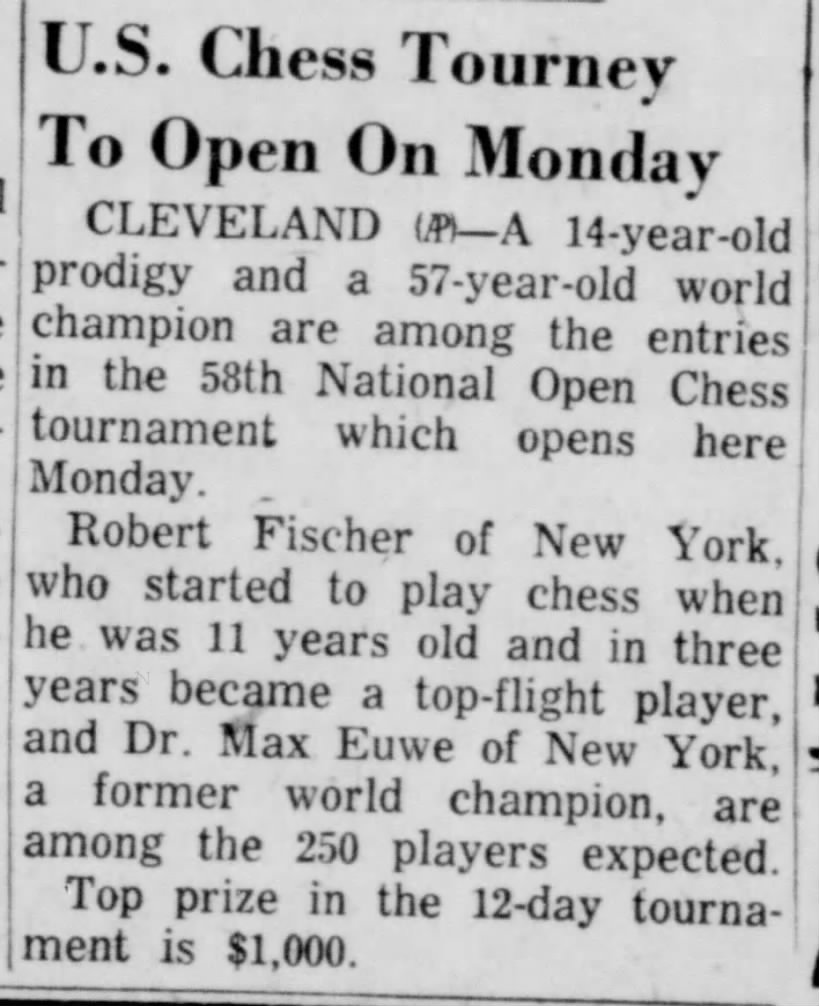 U.S. Chess Tourney To Open On Monday