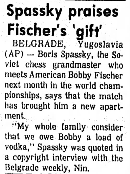 Spassky Praises Fischer's 'Gift'