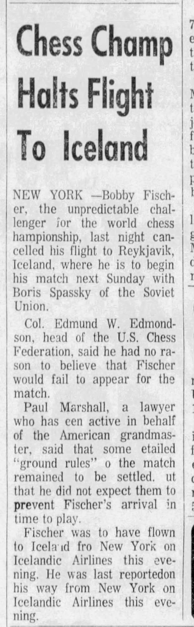 Chess Champ Halts Flight To Iceland