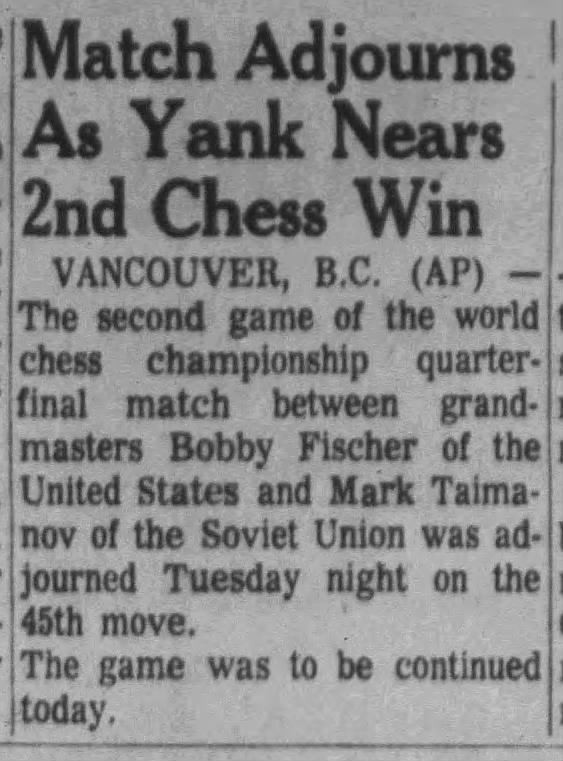 Match Adjourns As Yank Nears 2nd Chess Win