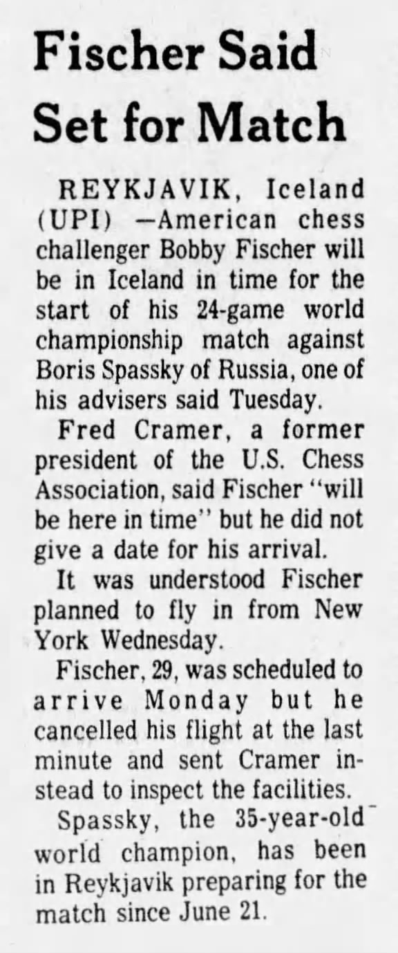 Fischer Said Set for Match