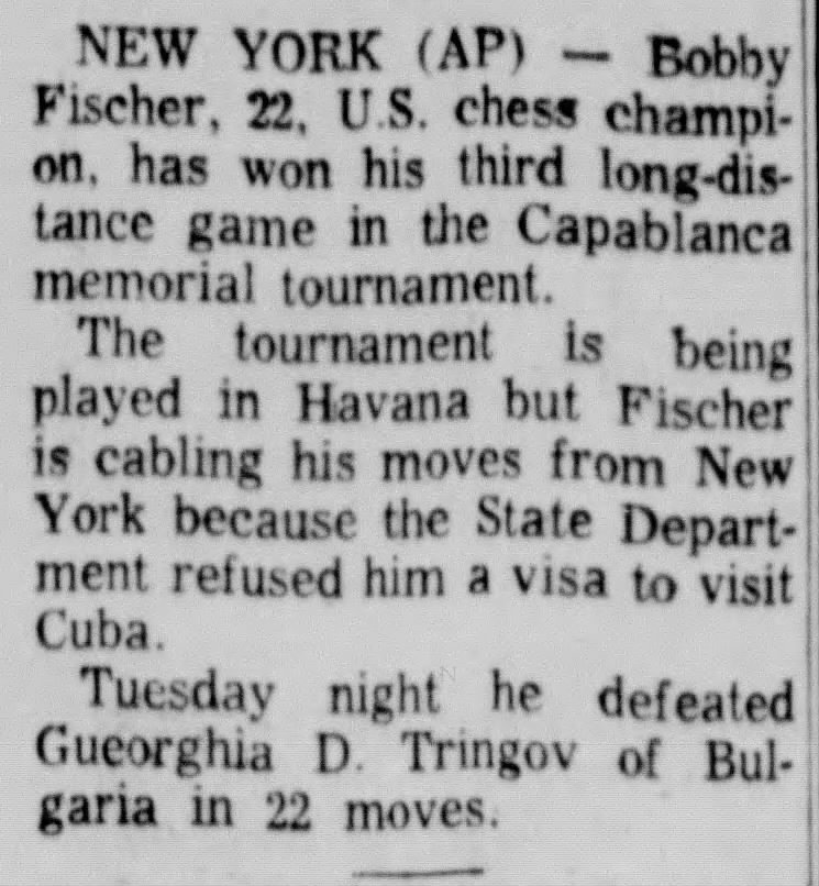 Bobby Fischer Wins Third Long Distance Game