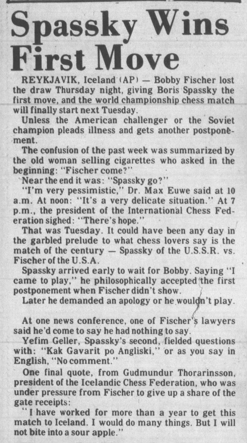 Spassky Wins First Move