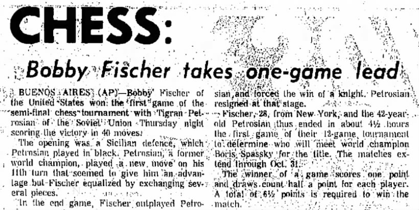Chess: Bobby Fischer Takes One-Game Lead