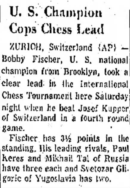 U.S. Champion Cops Chess Lead