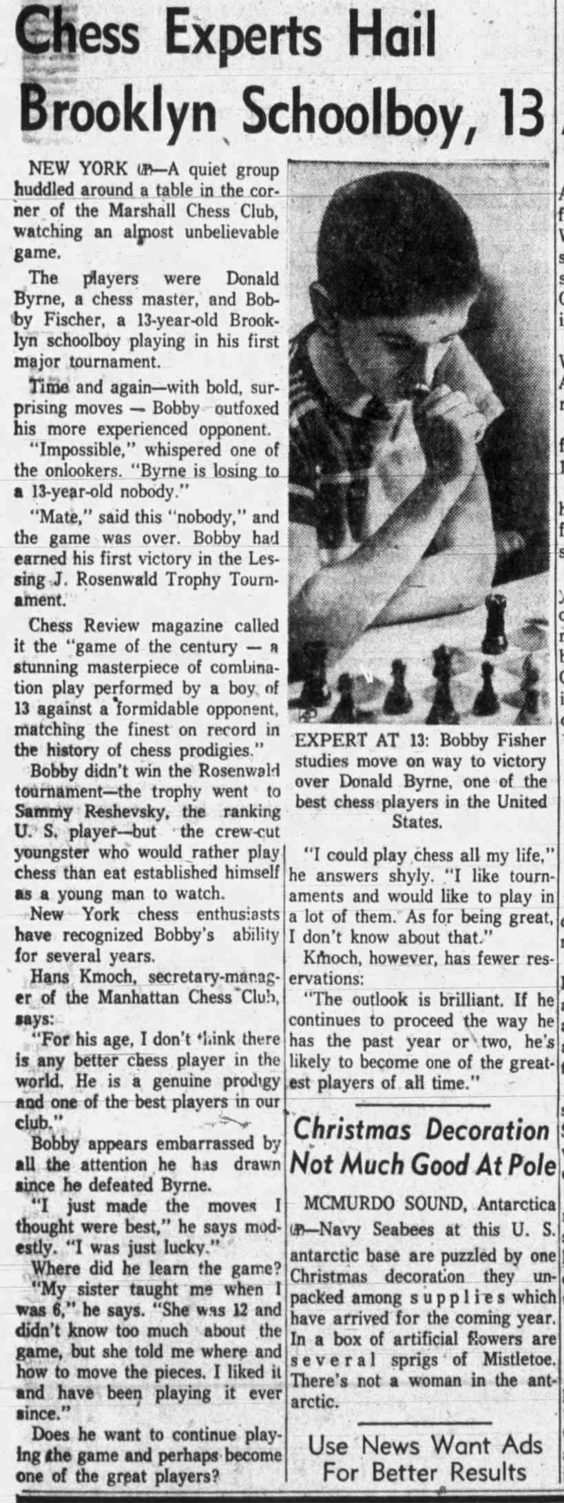 Chess Experts Hail Brooklyn Schoolboy, 13