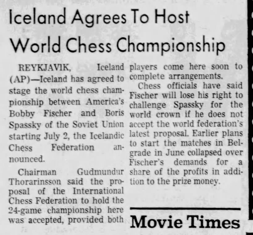 Iceland Agrees To Host World Chess Championship