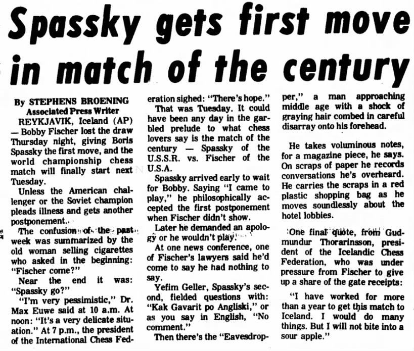 Spassky Gets First Move in Match of the Century