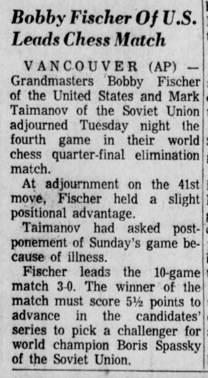 Bobby Fischer of U.S. Leads Chess Match
