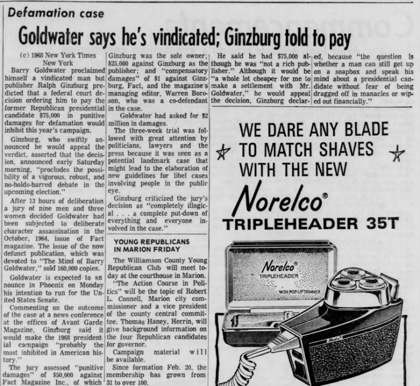 Defamation case: Goldwater says he's vindication; Ginzburg told to pay