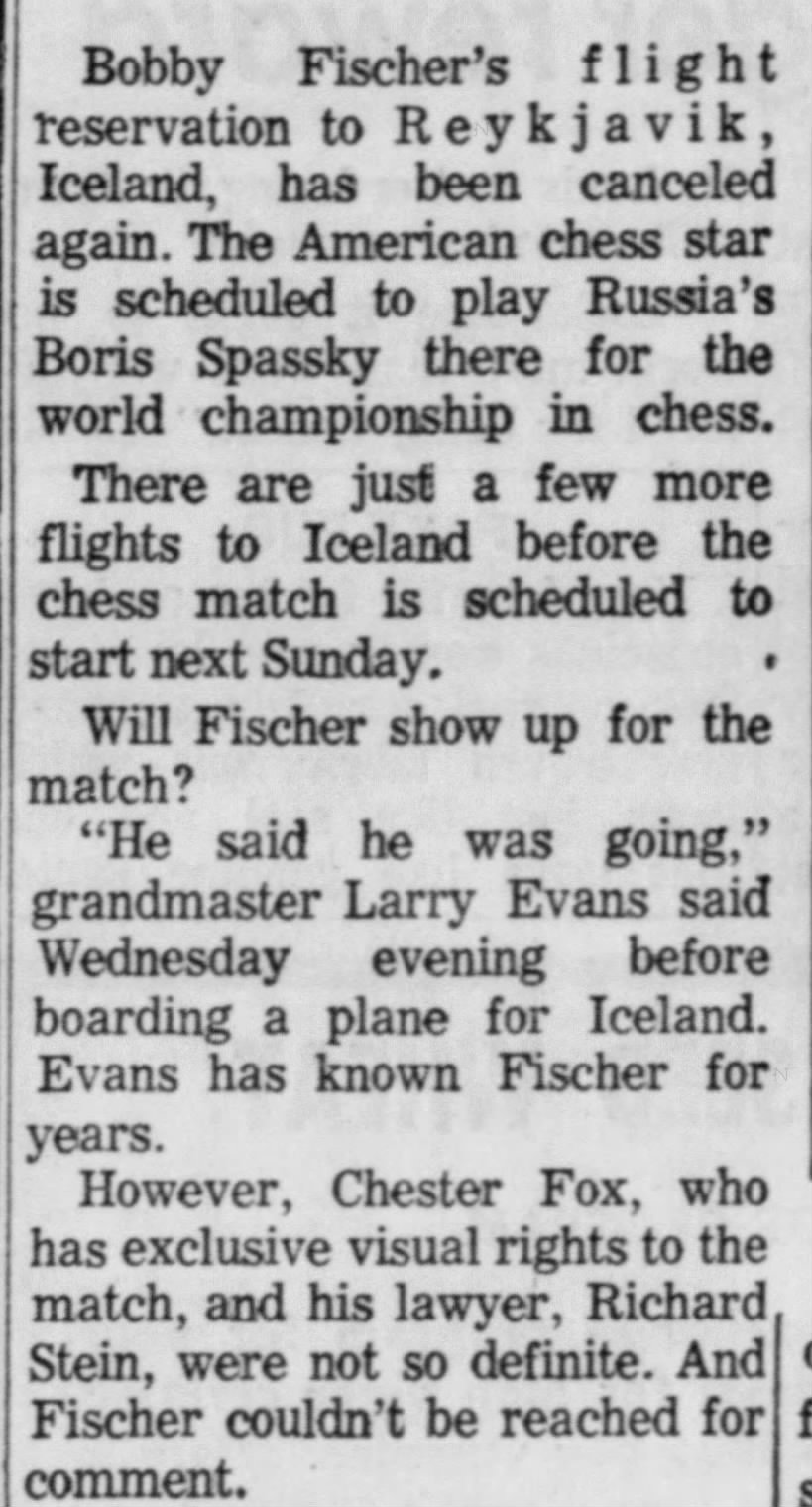 Bobby Fischer's Flight Reservation Canceled