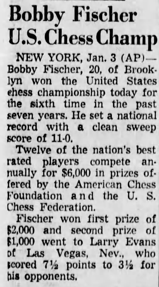 Bobby Fischer U.S. Chess Champ