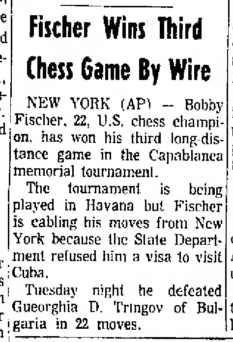 Fischer Wins Third Chess Game By Wire