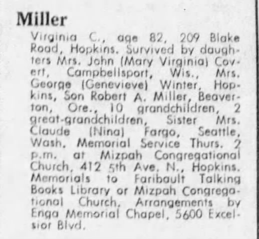 Virginia Caw Miller, Death Notice, July 1971