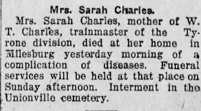 Sarah Charles, mother of W T Charles, death notice 1919
