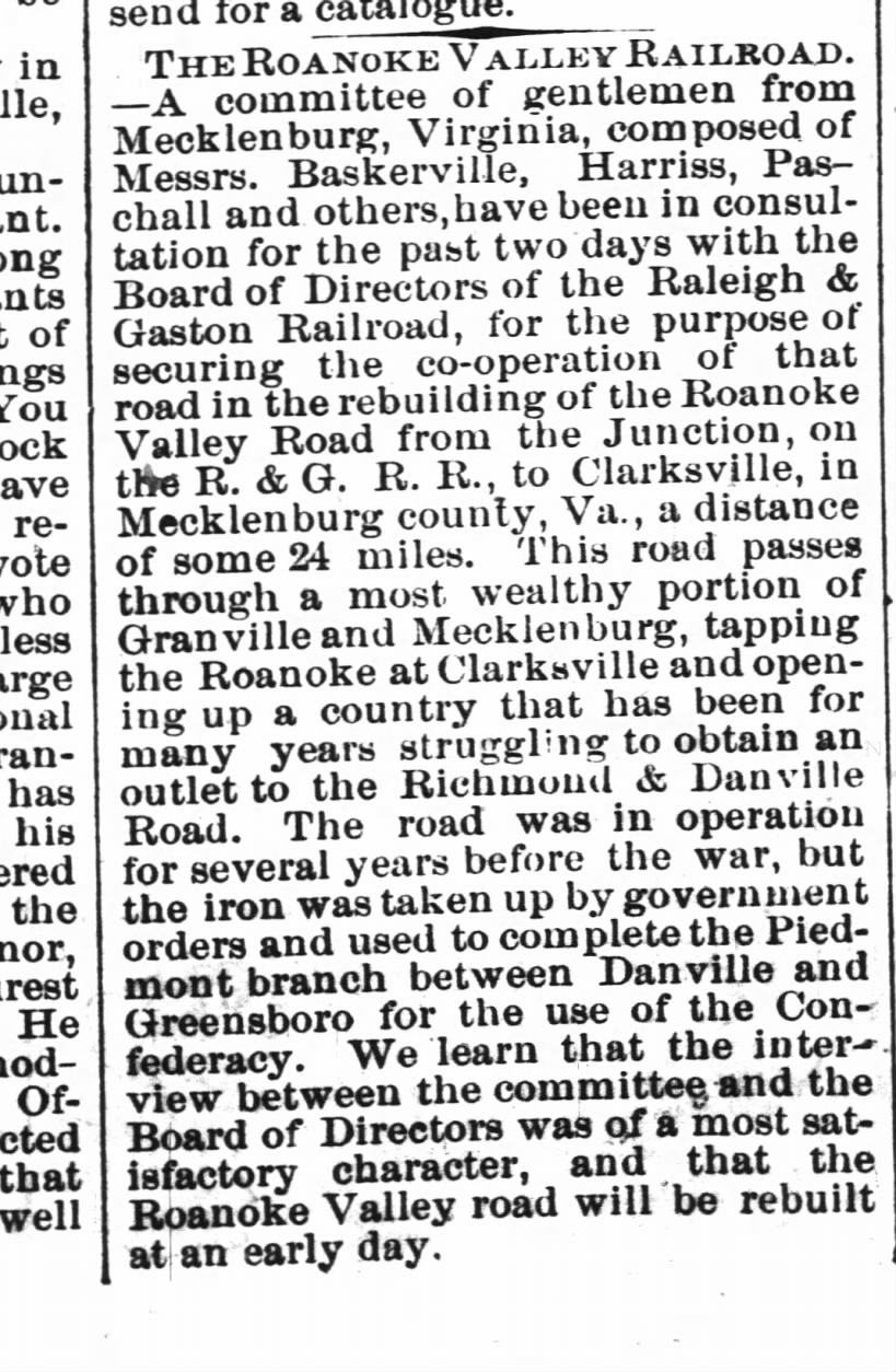 The Railroad serving Christiansville. The Raleigh News (Raleigh, NC) 03 Jul 1874, Fri, p1
