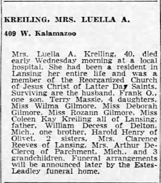 Luella A (Decess) Kreiling Obituary - 1962