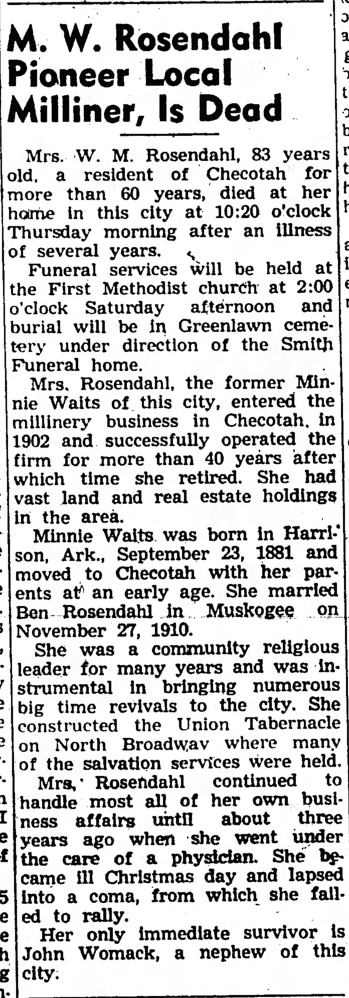 Minnie W. Rosendahl, Thursday, 31 Dec 1964, pg. 1, col. 2, Vol. 57, No. 8